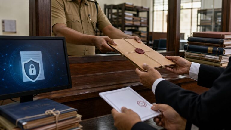 A certified FIR moving from police records to a court counter while privacy safeguards limit public online access