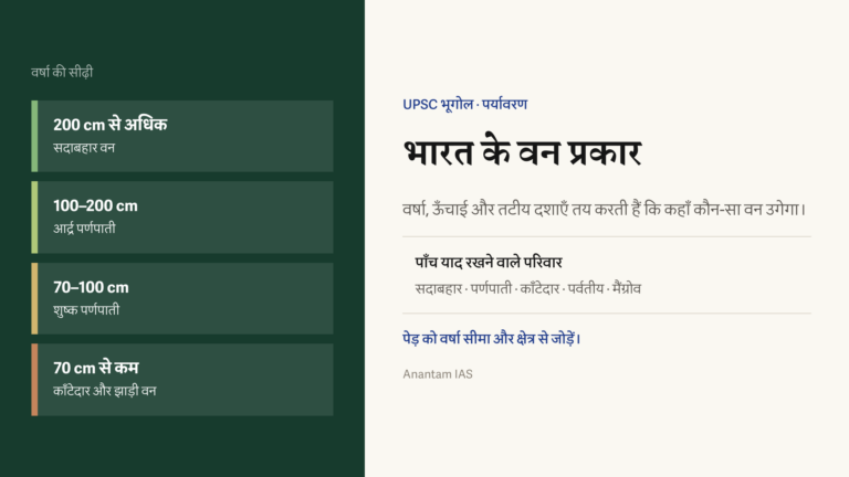 वर्षा की चार सीमाओं और भारत के पाँच मुख्य वन परिवारों का परिचय।