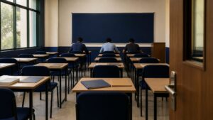 Mostly empty university coaching classroom illustrating low enrolment and access gaps