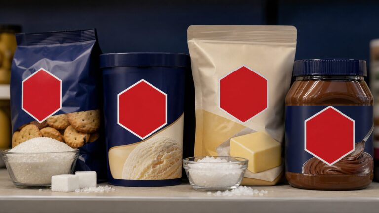 Generic packaged foods displaying red hexagonal front-of-pack warning symbols