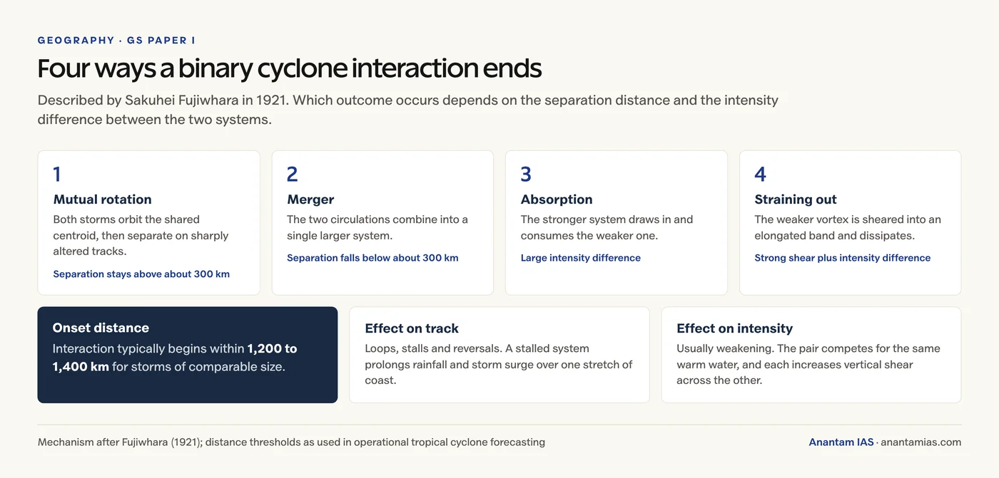 The four outcomes of a binary cyclone interaction — mutual rotation, merger, absorption and straining out — with the separation distance and intensity conditions for each