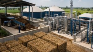 Compressed-biogas plant processing cattle dung and crop residue beside farmland