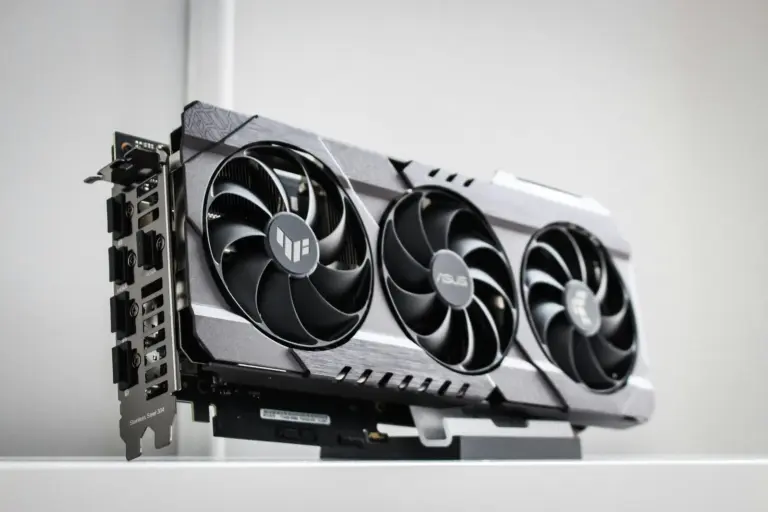A graphics processing unit board with its cooling fans