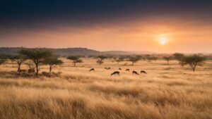 Open semi-arid grassland plain in India with tall dry grasses, scattered thorn trees and grazing blackbuck at golden hour