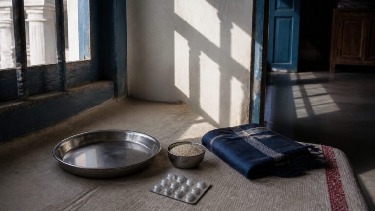 Empty steel plate, small grain measure and folded child's shawl beneath a courthouse-shaped shadow