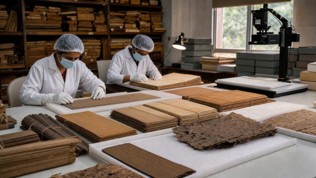 Archivists survey palm-leaf and paper manuscripts beside conservation equipment in a repository