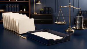 Unmarked employment petition folders beside a balance scale weighted by a large stack of fee tokens