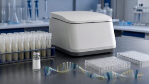 Influenza samples moving through PCR and genomic surveillance beside a seasonal vaccine vial