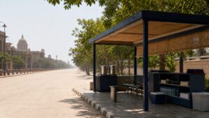 Cooling shelter and heat-response supplies on an empty street during extreme heat