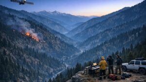 Satellite observing an emerging forest fire in a steep Himalayan valley as response teams coordinate from a ridge