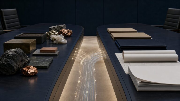 Conference tables linked by payment, investment and critical-mineral symbols