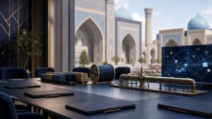 Editorial still life representing security, connectivity and economic cooperation between India and Central Asia