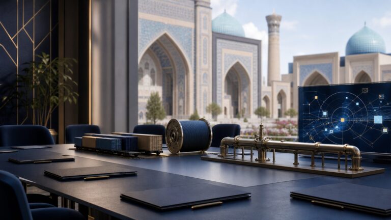 Editorial still life representing security, connectivity and economic cooperation between India and Central Asia