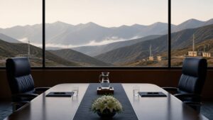 Empty negotiation table framed by mountain ridgelines and border communication posts