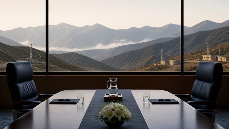 Empty negotiation table framed by mountain ridgelines and border communication posts