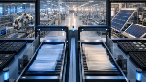 Investment documents passing through a secure review checkpoint before entering an electronics manufacturing facility