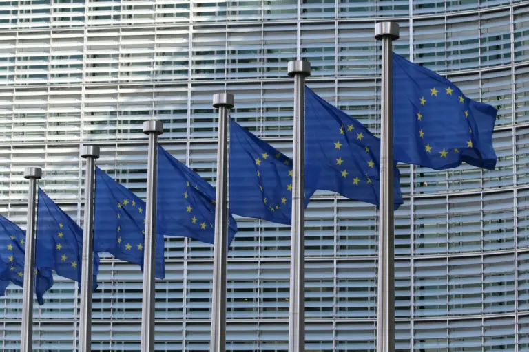 European Union flags outside an institutional building