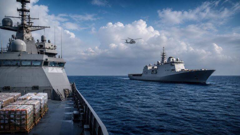Two unmarked naval ships coordinating during a maritime security and rescue operation at sea