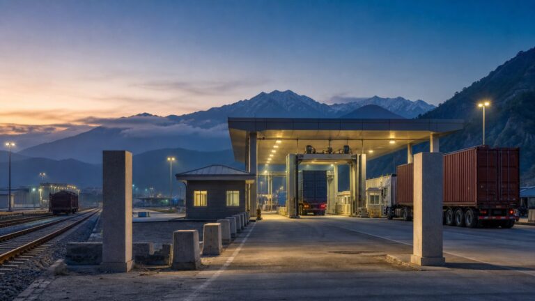 Integrated border terminal with cargo lanes, railway tracks and boundary pillars representing India-Nepal border management