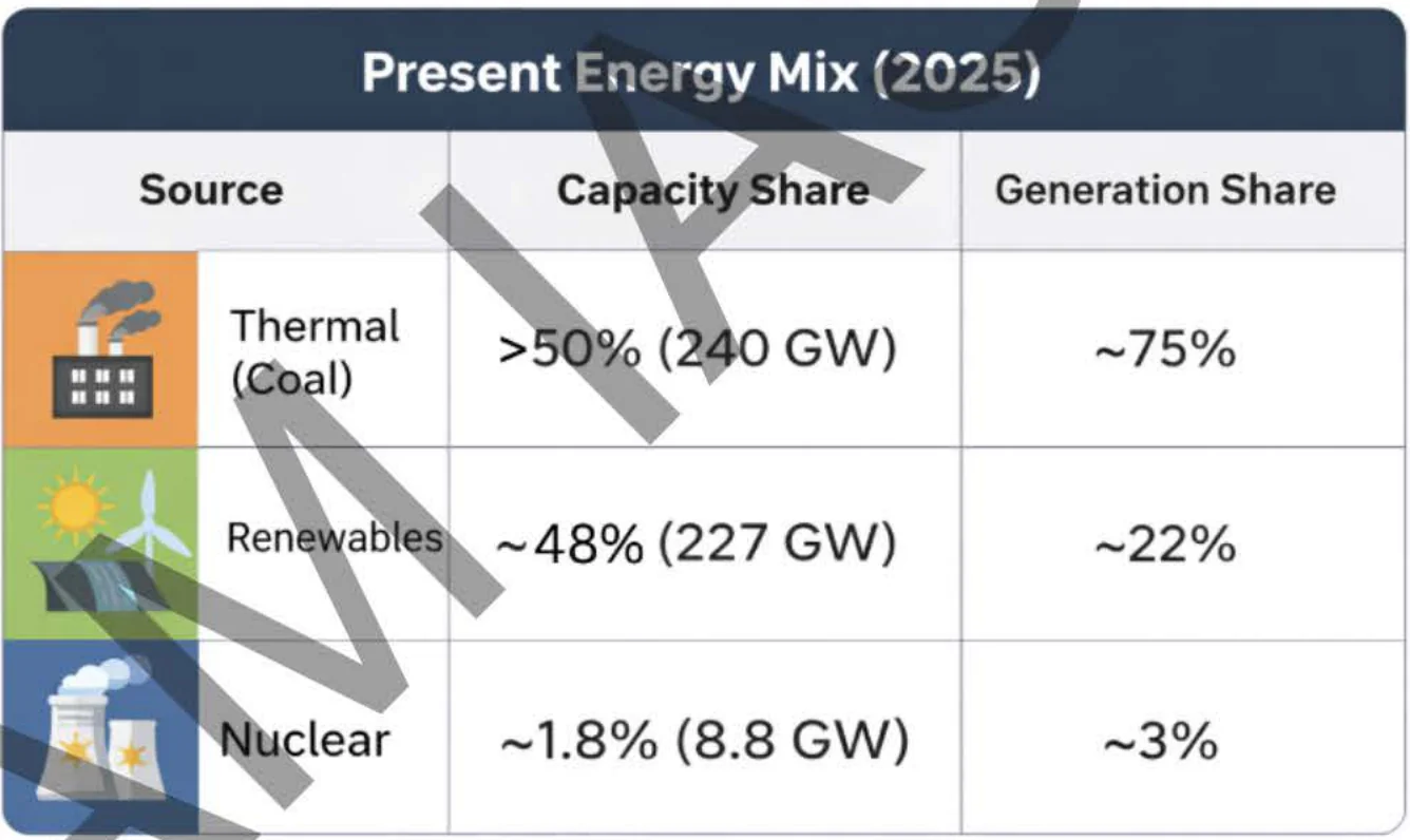 India's present energy mix (2025) — table from the Anantam IAS Mains QIP Science & Technology Part I handout