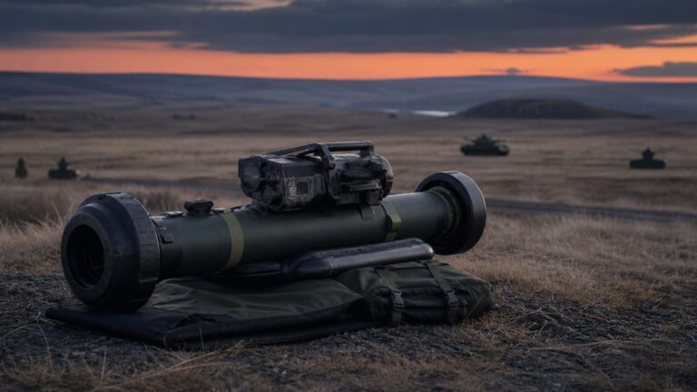 Portable anti-armour missile launcher positioned on a military training range