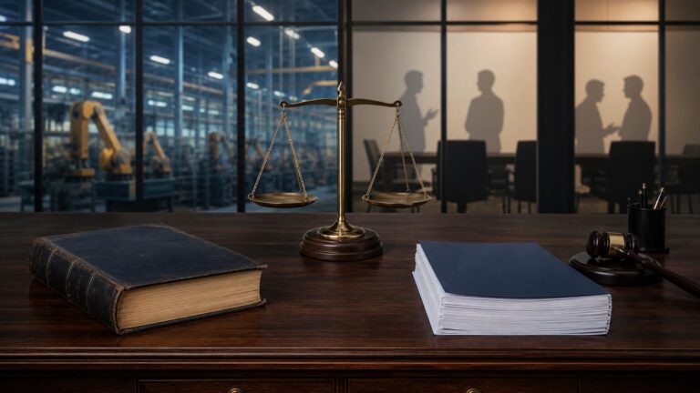 Old labour-law precedent and the new Industrial Relations Code represented on a judicial desk