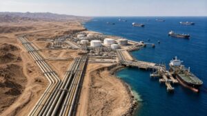 Desert oil pipelines connecting to a coastal export terminal and tankers
