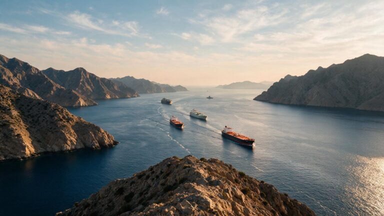 Widely spaced tankers moving through a narrow sea strait between steep arid headlands, with long empty stretches of water between them
