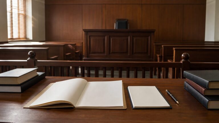 Empty courtroom with legal files and a training notebook representing judicial service preparation
