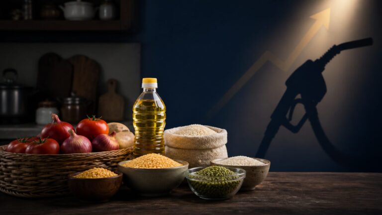 Household food basket and fuel nozzle symbolising rising retail inflation in India