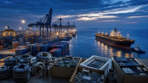 Container port, oil tanker, electronics and machinery representing India's rising exports and wider merchandise trade deficit