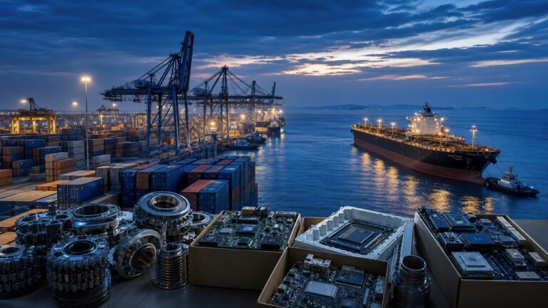 Container port, oil tanker, electronics and machinery representing India's rising exports and wider merchandise trade deficit