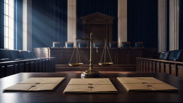 Empty courtroom with scales and sealed evidence folders representing judicial accountability