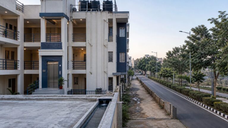 Apartment complex common facilities beside a private access street and drainage channel