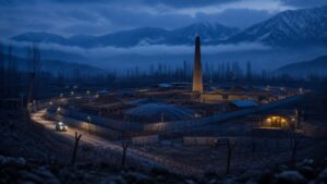 Remote brick kiln shelters and a protected night cluster in Kashmir at dusk
