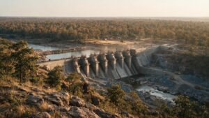 A partly built concrete dam across a rocky river in a sandstone gorge, with dry deciduous forest on the far bank and a small cluster of mud-walled village houses at the forest edge
