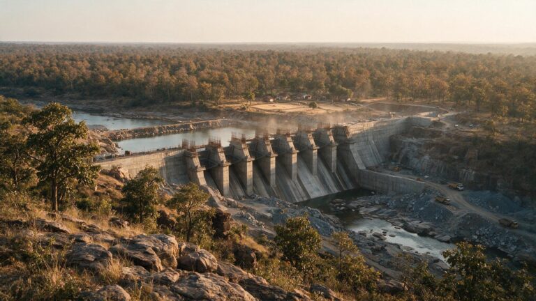 A partly built concrete dam across a rocky river in a sandstone gorge, with dry deciduous forest on the far bank and a small cluster of mud-walled village houses at the forest edge