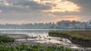 Sparse migratory shorebirds feeding on mudflats in a Kerala wetland at winter dawn