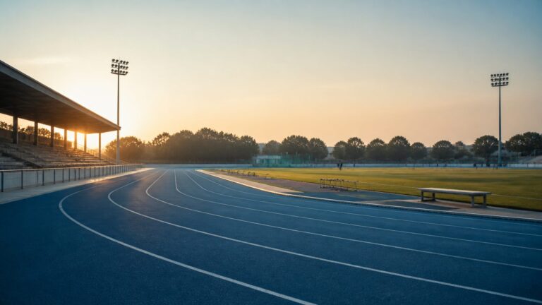 Editorial illustration of a community athletics track and training facility representing Khelo India's grassroots sports pathway