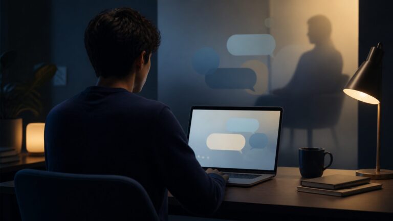 Young person using a private online peer-support service on a laptop