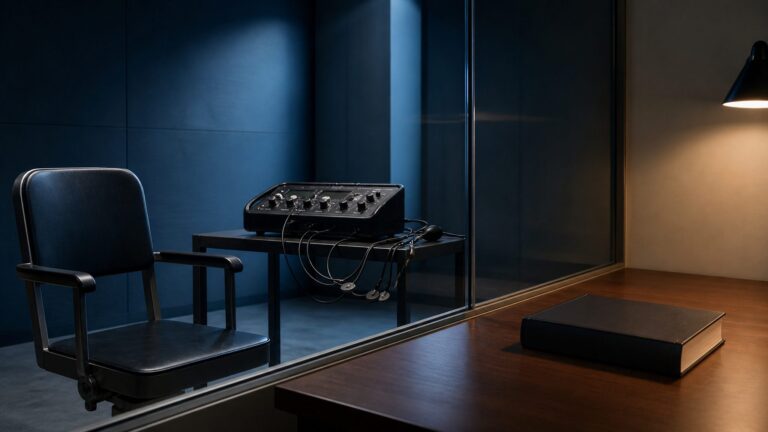 Empty interrogation chair and polygraph equipment separated from a law book by a glass partition