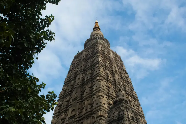 The Mahabodhi temple spire rising above its courtyard