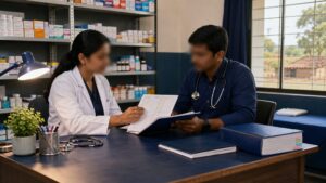 Clinicians reviewing medicines and a referral file in a rural primary-care clinic