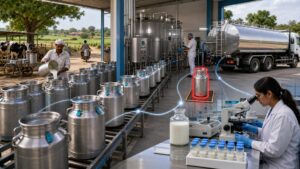 Milk cans, batch samples and a tanker arranged as a traceable dairy supply chain under inspection