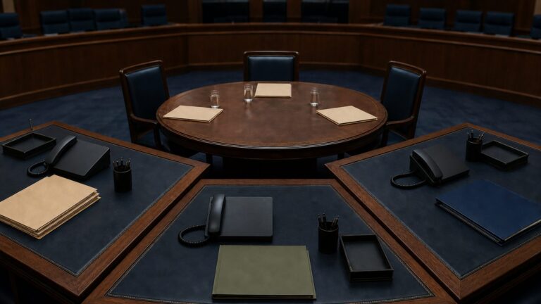 Three defence-planning desks converging at a committee table to represent the Makkah Defence Pact's first coordination meeting