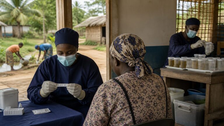 Health workers conducting malaria testing and vector surveillance at a remote village clinic