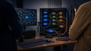 Researchers examining an AI agent running locally on a compact workstation
