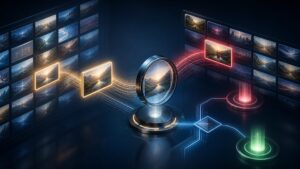 Digital video reference library with verification checkpoints illustrating copyright claims and platform accountability