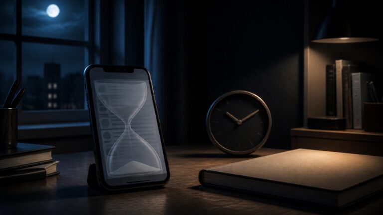 Generic smartphone with a dimmed social feed beside a clock on a student's desk at night
