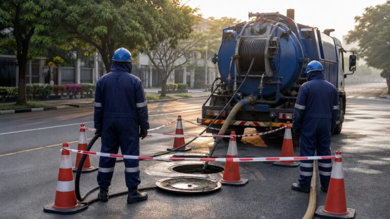 Mechanised sanitation crew operating sewer-cleaning equipment behind a safety barrier